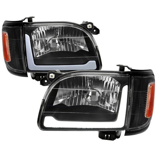 2001-2004 Toyota Tacoma LED Bar Factory Style Headlights w/ Corner Lamps and Amber Reflector (Matte Black Housing/Clear Lens)