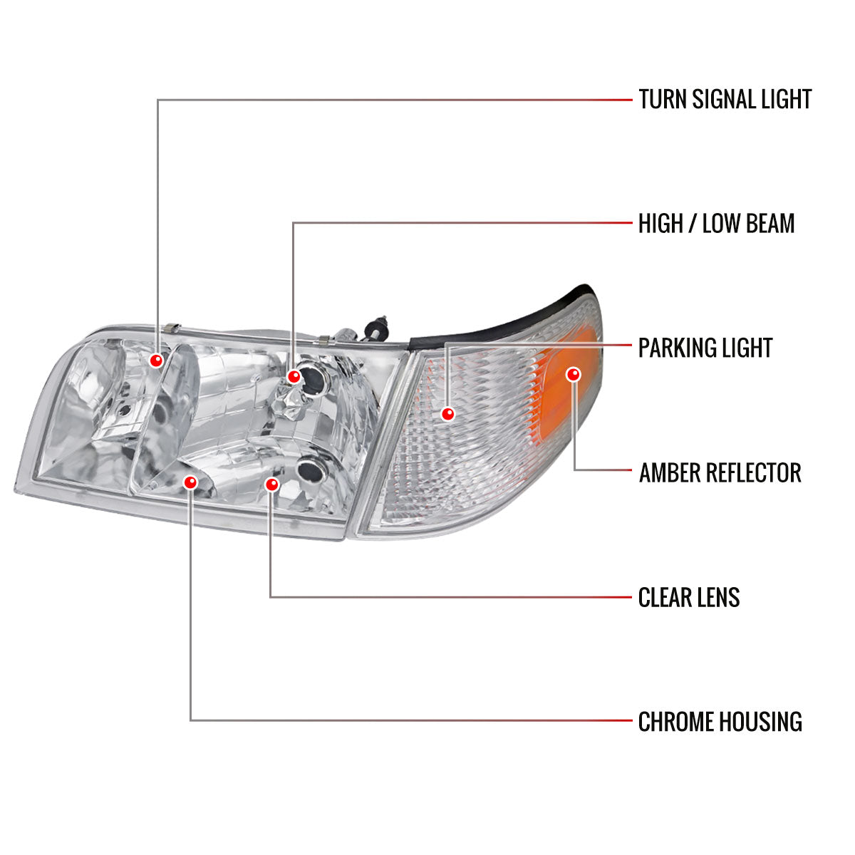 1998-2011 Ford Crown Victoria Factory Style Headlights w/ Corner Signal Lights (Chrome Housing/Clear Lens)