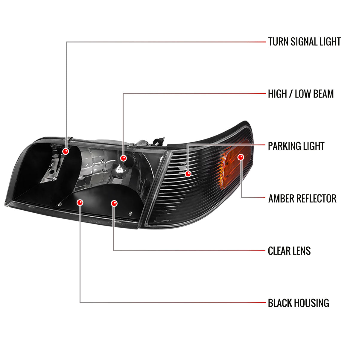 1998-2011 Ford Crown Victoria Factory Style Headlights w/ Corner Signal Lights (Matte Black Housing/Clear Lens)