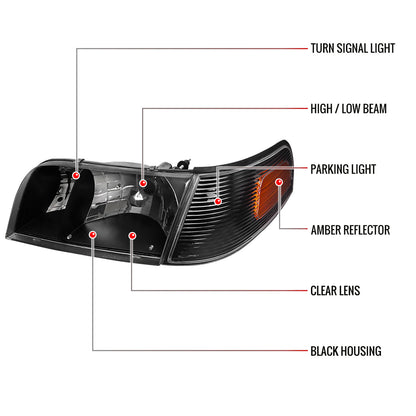 1998-2011 Ford Crown Victoria Factory Style Headlights w/ Corner Signal Lights (Matte Black Housing/Clear Lens)