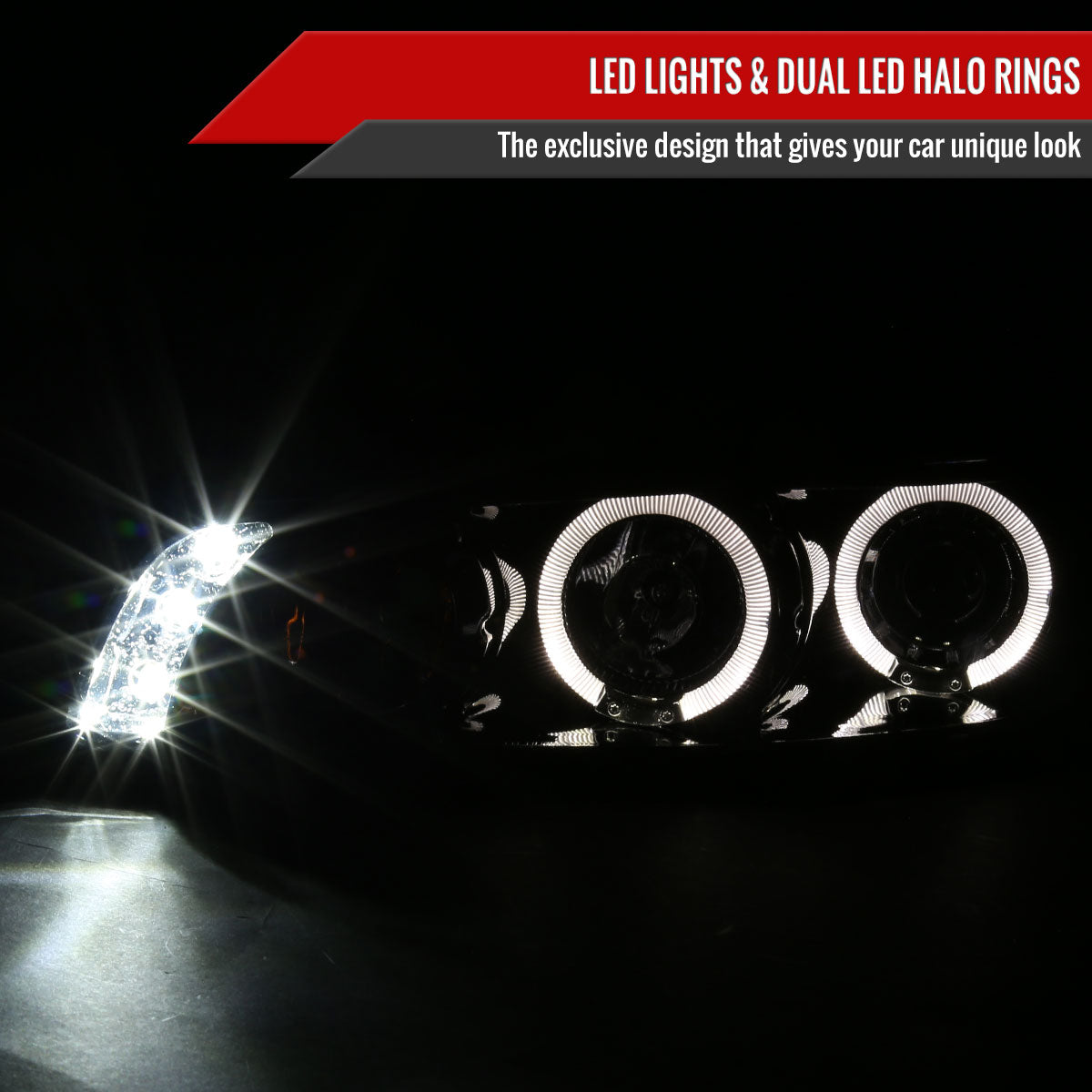 1997-2003 Pontiac Grand Prix Dual Halo Projector Headlights (Glossy Black Housing/Smoked Lens)