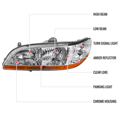 1998-2002 Honda Accord Factory Style Crystal Headlights w/ Amber Reflector (Chrome Housing/Clear Lens)