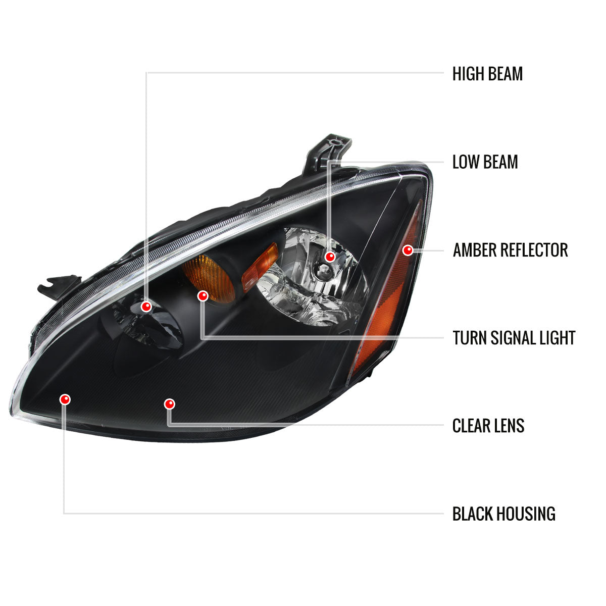 2002-2004 Nissan Altima Crystal Headlights w/ Amber Reflector (Matte Black Housing/Clear Lens)