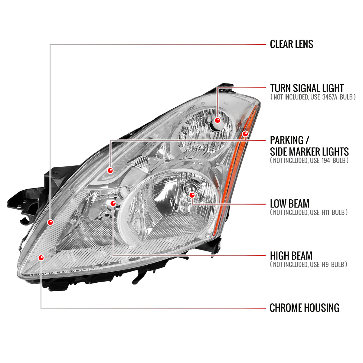 2010-2012 Nissan Altima Sedan Clear Lens Factory Style Crystal Headlights - Driver Side Only