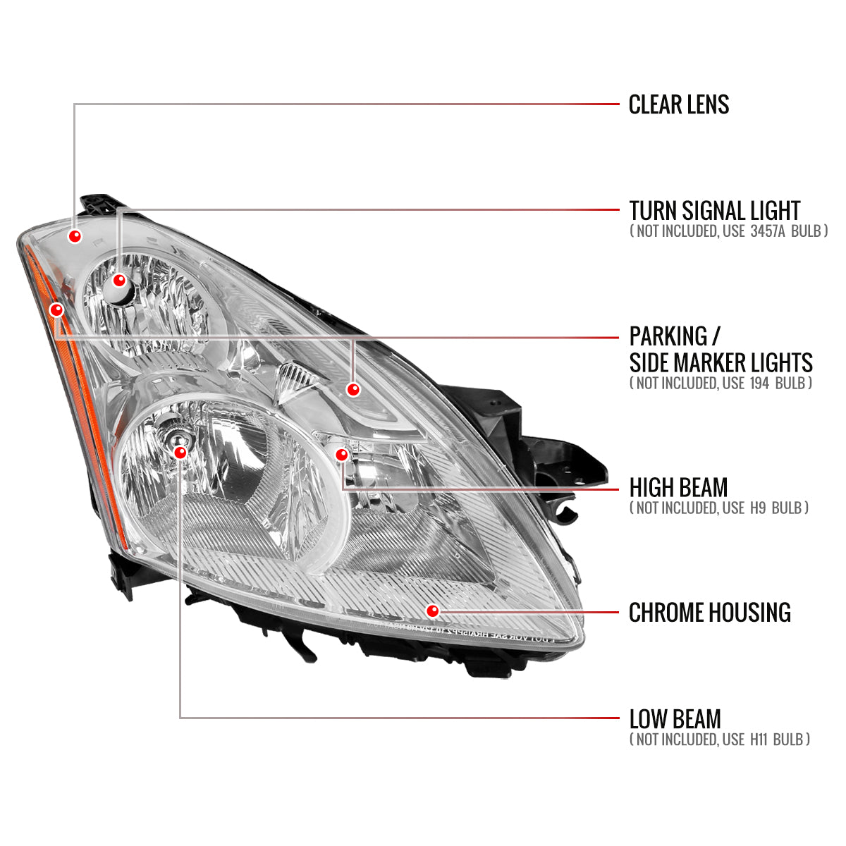 2010-2012 Nissan Altima Sedan Clear Lens Factory Style Crystal Headlights - Passenger Side Only
