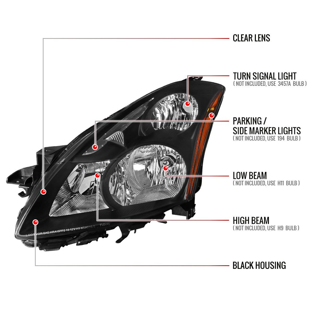 2010-2012 Nissan Altima Sedan Factory Style Headlights (Matte Black Housing/Clear Lens)