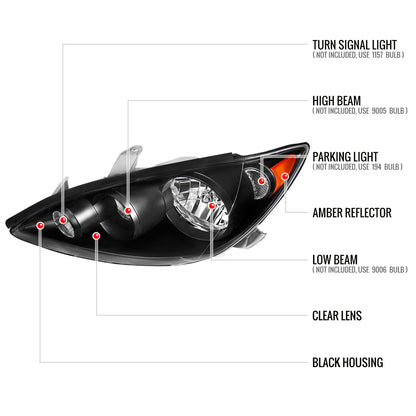 2005-2006 Toyota Camry Factory Style Crystal Headlights w/ Amber Reflector (Matte Black Housing/Clear Lens)