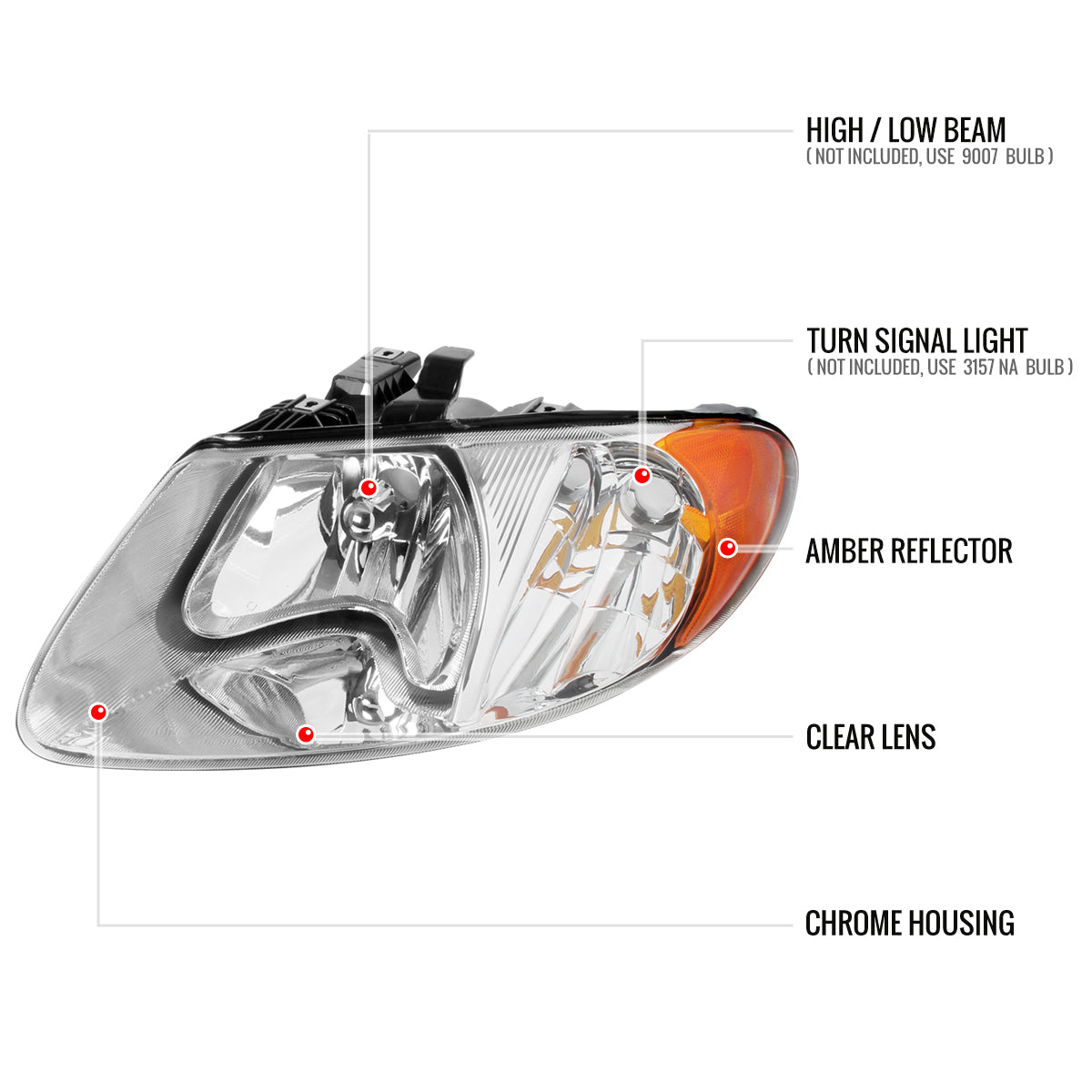 2001-2007 Dodge Caravan Chrysler Voyager/Town & Country Factory Style Crystal Headlights (Chrome Housing/Clear Lens)