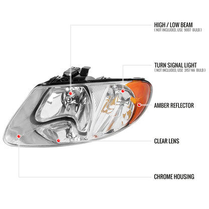 2001-2007 Dodge Caravan Chrysler Voyager/Town & Country Factory Style Crystal Headlights (Chrome Housing/Clear Lens)