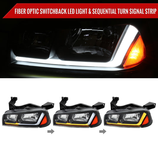 2006-2010 Dodge Charger Switchback Sequential LED Bar Factory Style Headlights (Matte Black Housing/Clear Lens)