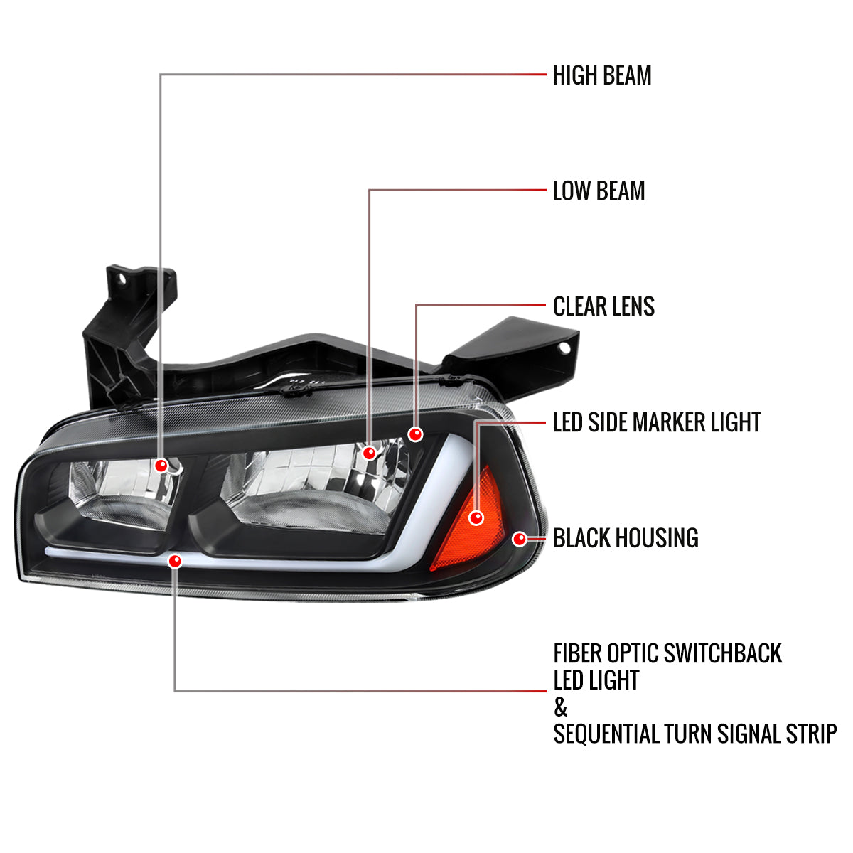 2006-2010 Dodge Charger Switchback Sequential LED Bar Factory Style Headlights (Matte Black Housing/Clear Lens)
