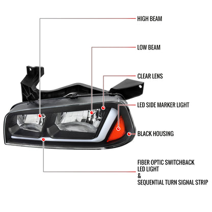 2006-2010 Dodge Charger Switchback Sequential LED Bar Factory Style Headlights (Matte Black Housing/Clear Lens)