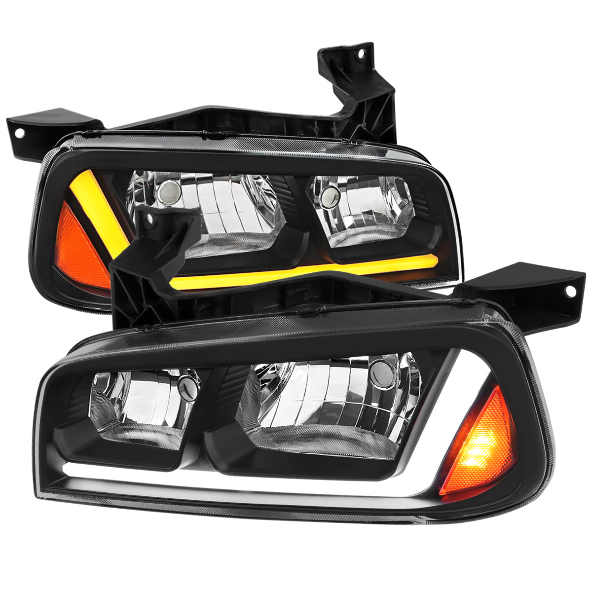 2006-2010 Dodge Charger Switchback Sequential LED Bar Factory Style Headlights (Matte Black Housing/Clear Lens)
