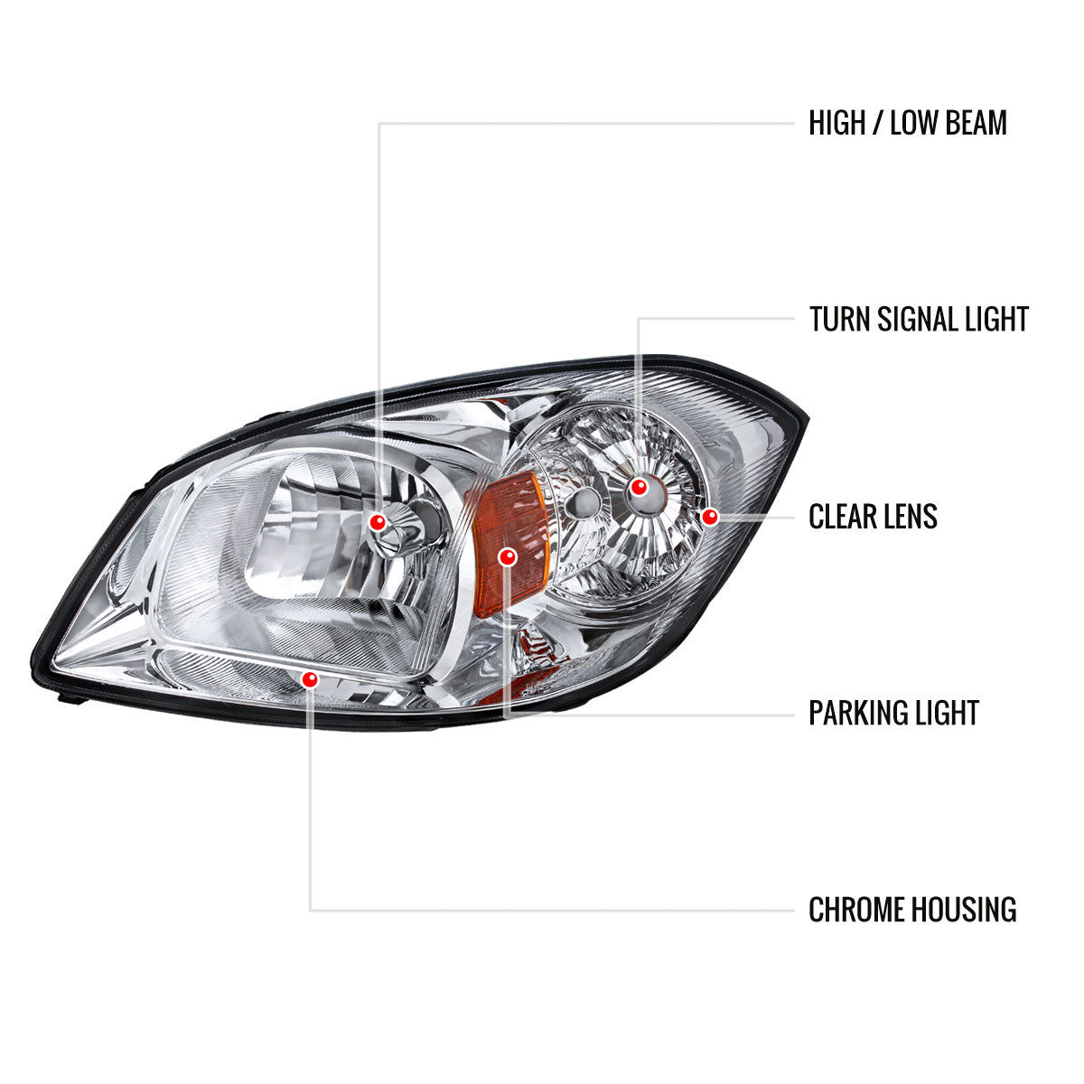 2005-2010 Chevrolet Cobalt Pontiac Pursuit/G5 Crystal Headlights w/ Amber Reflector (Chrome Housing/Clear Lens)