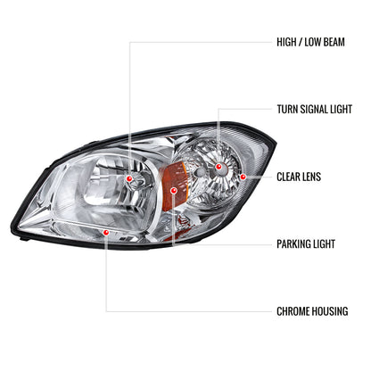 2005-2010 Chevrolet Cobalt Pontiac Pursuit/G5 Crystal Headlights w/ Amber Reflector (Chrome Housing/Clear Lens)