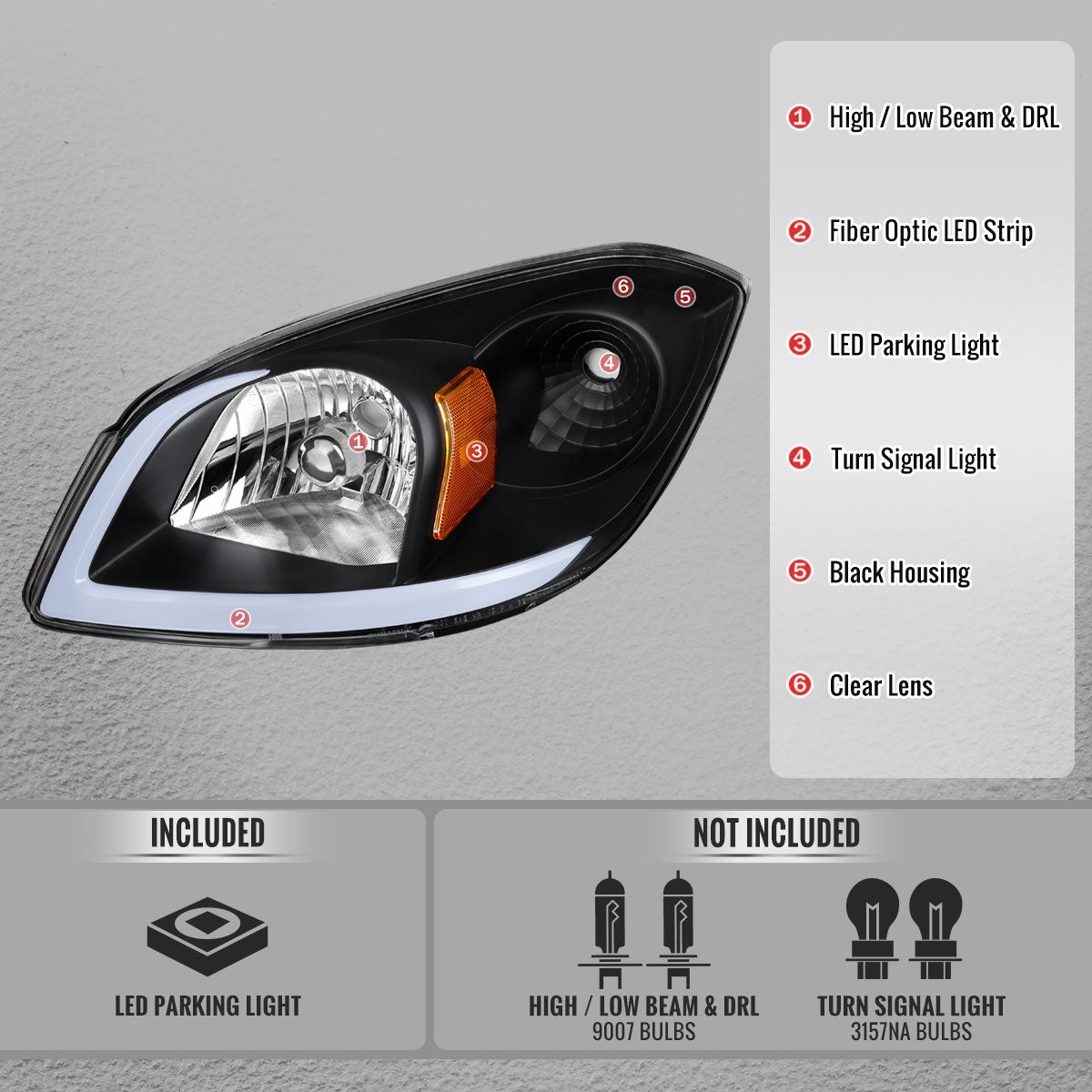 2005??2010 Chevrolet Cobalt Pontiac G5 / Pursuit LED Bar Projector Headlights w/ LED DRL Light Tube (Black Housing / Clear Lens)