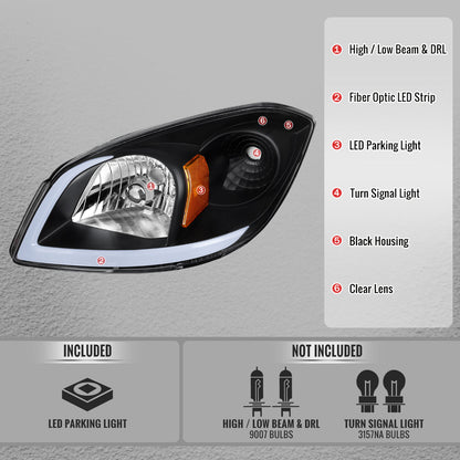 2005??2010 Chevrolet Cobalt Pontiac G5 / Pursuit LED Bar Projector Headlights w/ LED DRL Light Tube (Black Housing / Clear Lens)