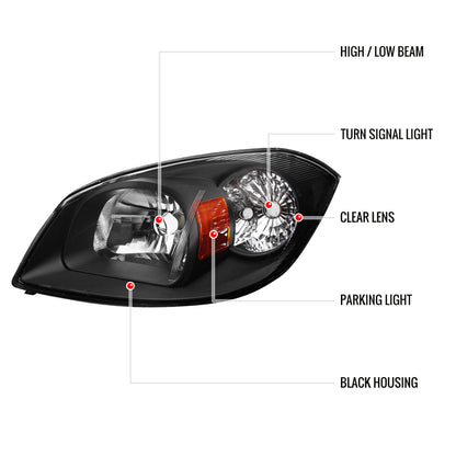 2005-2010 Chevrolet Cobalt Pontiac Pursuit/G5 Factory Style Crystal Headlights (Matte Black Housing/Clear Lens)