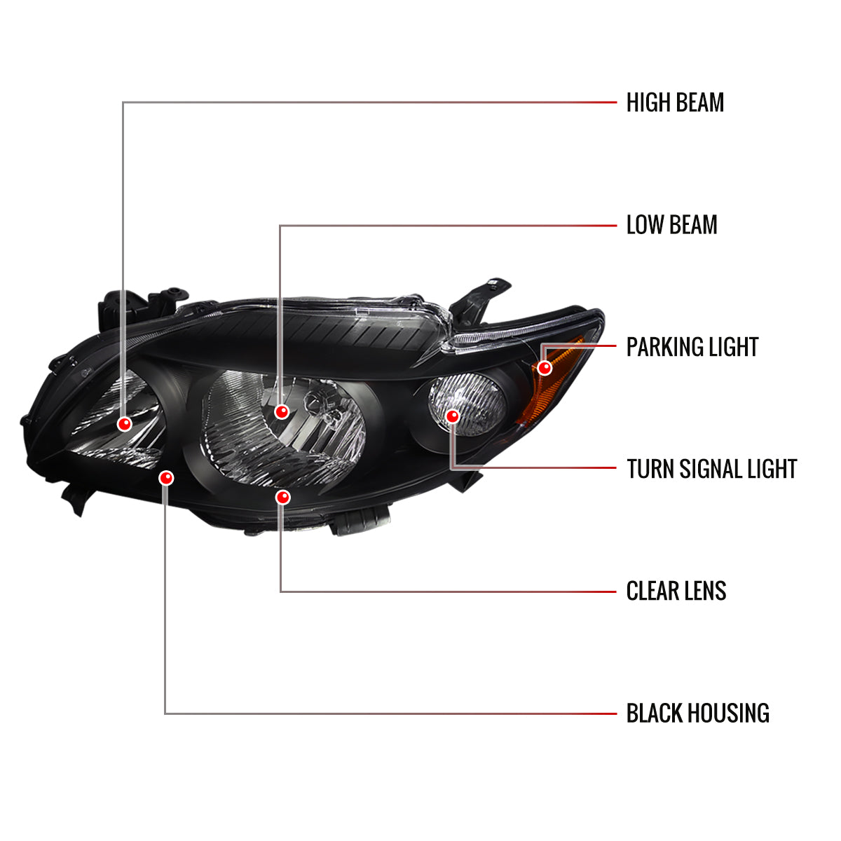 2009-2010 Toyota Corolla Factory Style Crystal Headlights w/ Amber Reflector (Matte Black Housing/Clear Lens)
