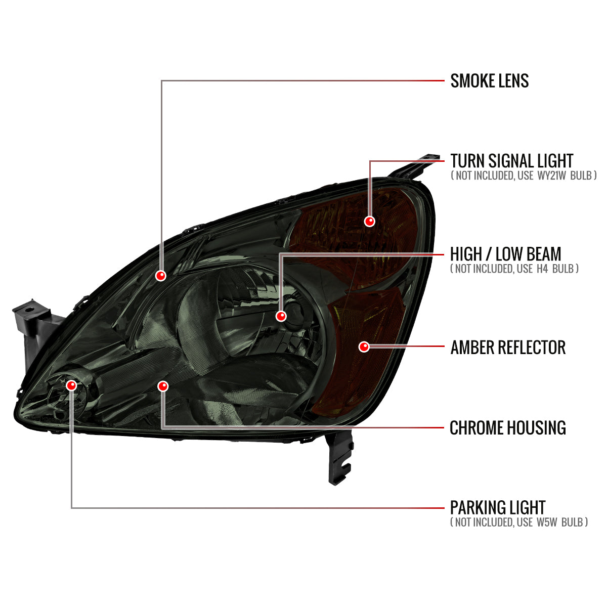 2002-2004 Honda CR-V Factory Style Headlights with Amber Reflector (Chrome Housing/Smoked Lens)