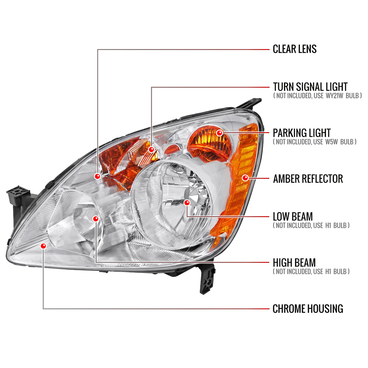 2005-2006 Honda CR-V Factory Style JP Headlights with Amber Reflectors (Chrome Housing/Clear Lens)