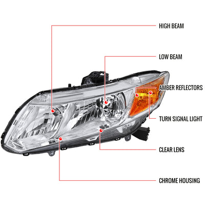 2012-2013 Honda Civic Coupe/ 2012-2015 Civic Sedan Crystal Headlights (Chrome Housing/Clear Lens)