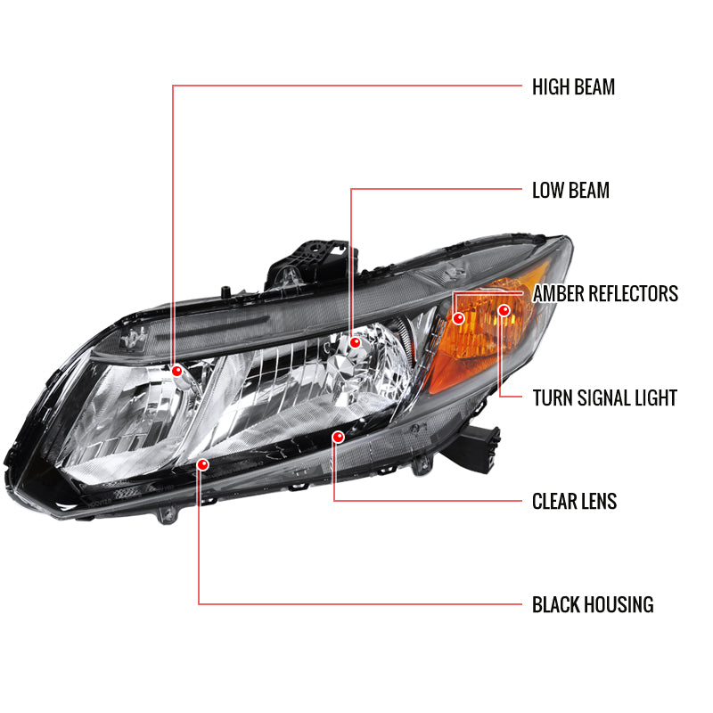 2012-2013 Honda Civic Coupe/ 2012-2015 Civic Sedan Clear Lens Crystal Headlight - Driver Side Only