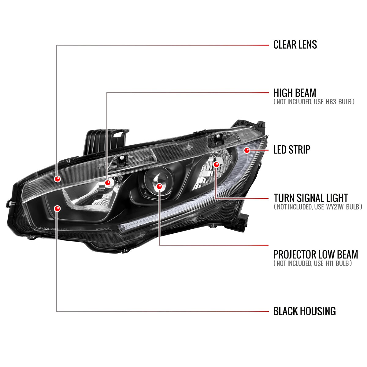 2016-2021 Honda Civic LED Strip Factory Style Projector Headlights (Matte Black Housing/Clear Lens)