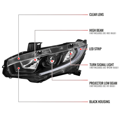 2016-2021 Honda Civic LED Strip Factory Style Projector Headlights (Matte Black Housing/Clear Lens)