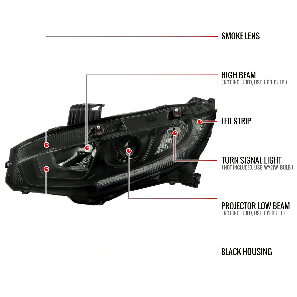 2016-2021 Honda Civic LED Strip Factory Style Projector Headlights (Matte Black Housing/Smoked Lens)