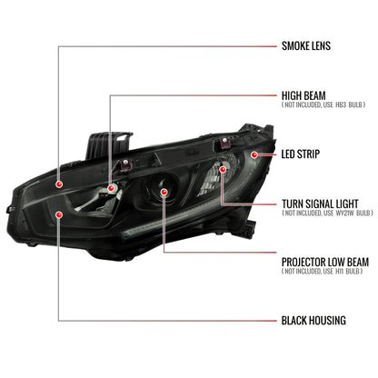 2016-2021 Honda Civic LED Strip Factory Style Projector Headlights (Matte Black Housing/Smoked Lens)