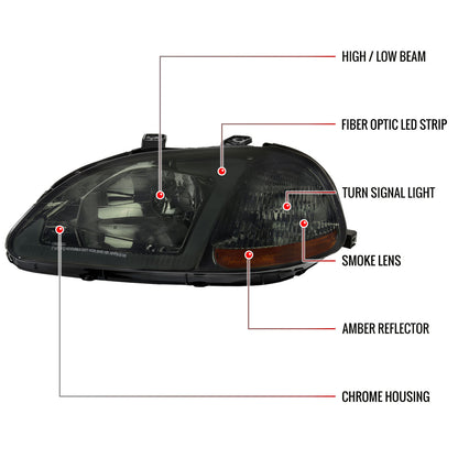 1996-1998 Honda Civic Coupe/Sedan LED Bar Factory Style Headlights (Chrome Housing/Smoked Lens)