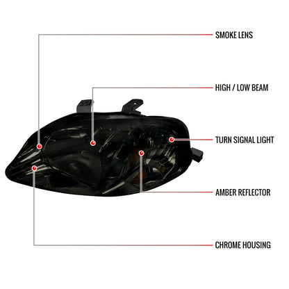 1999-2000 Honda Civic Factory Style Crystal Headlights (Chrome Housing/Smoked Lens)