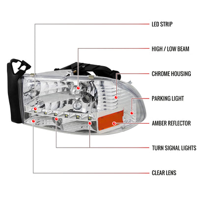 1997-2004 Dodge Dakota/ 1998-2003 Durango SMD LED Light Strip Factory Style Crystal Headlights (Chrome Housing/Clear Lens)