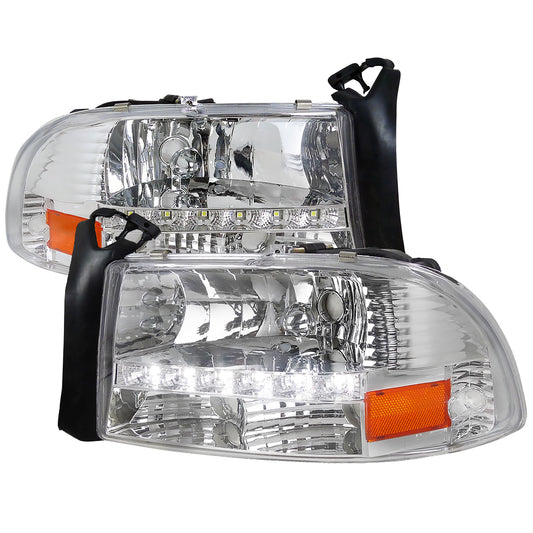 1997-2004 Dodge Dakota/ 1998-2003 Durango SMD LED Light Strip Factory Style Crystal Headlights (Chrome Housing/Clear Lens)