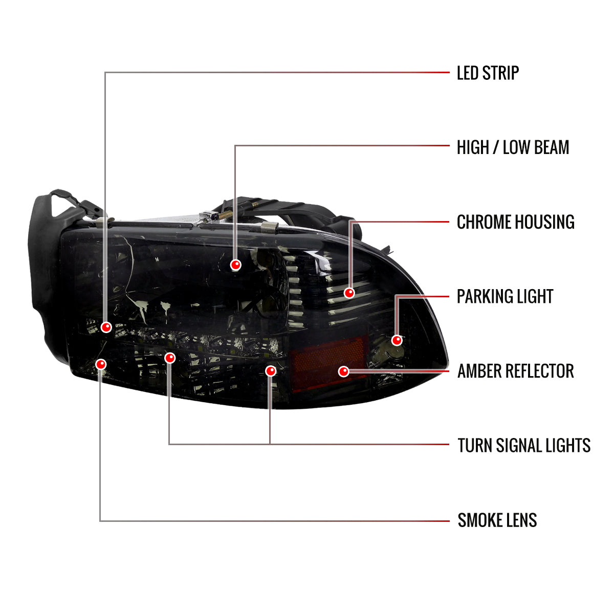 1997-2004 Dodge Dakota/ 1998-2003 Durango SMD LED Light Strip Factory Style Crystal Headlights (Chrome Housing/Smoked Lens)