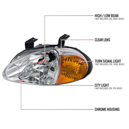1993-1997 Honda Del Sol Crystal Headlights w/ Amber Reflector (Chrome Housing/Clear Lens)
