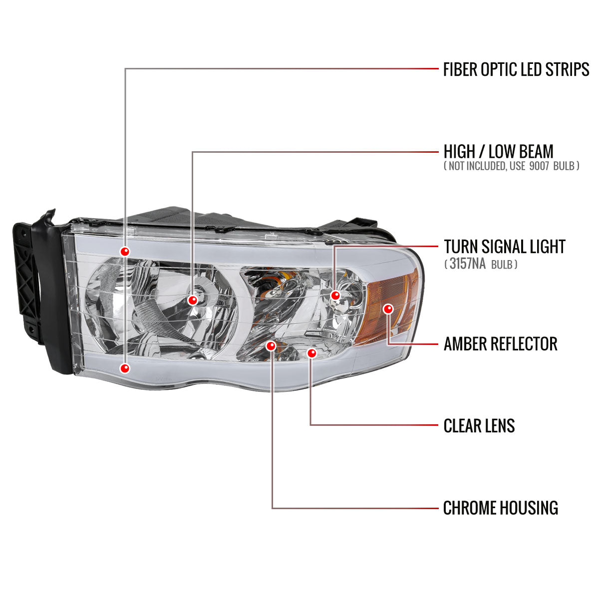 2002-2005 Dodge RAM 1500 /2003-2005 Dodge RAM 2500/3500 LED Tube Factory Style Headlights (Chrome Housing/Clear Lens)