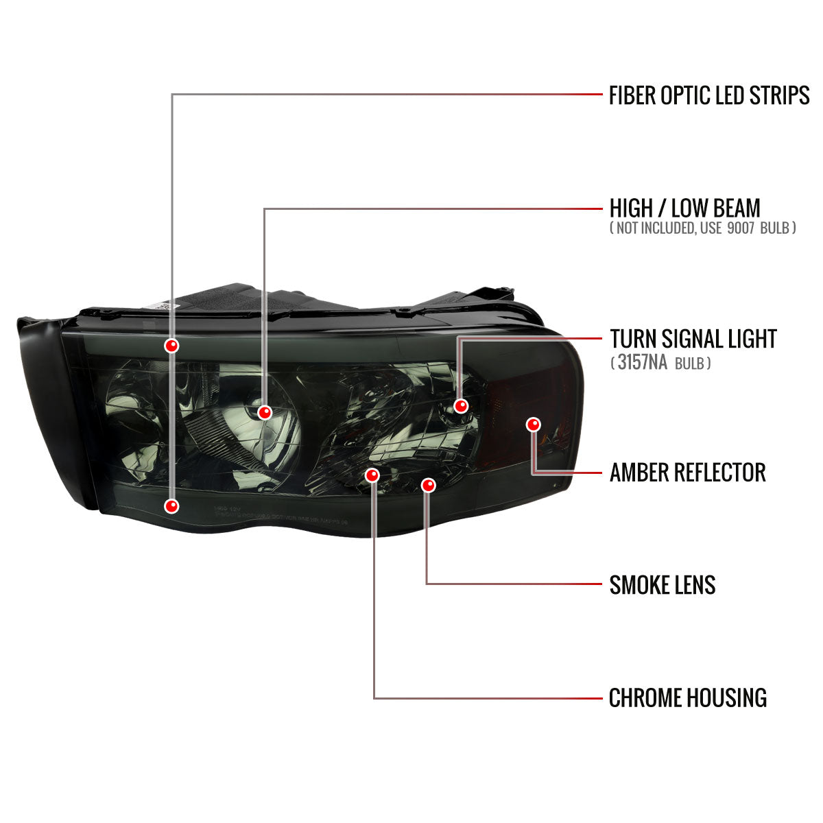 2002-2005 Dodge RAM 1500 /2003-2005 Dodge RAM 2500/3500 LED Tube Factory Style Headlights (Chrome Housing/Smoked Lens)