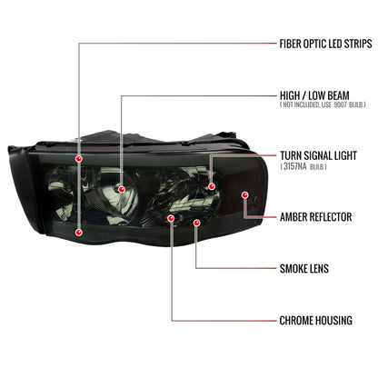 2002-2005 Dodge RAM 1500 /2003-2005 Dodge RAM 2500/3500 LED Tube Factory Style Headlights (Chrome Housing/Smoked Lens)