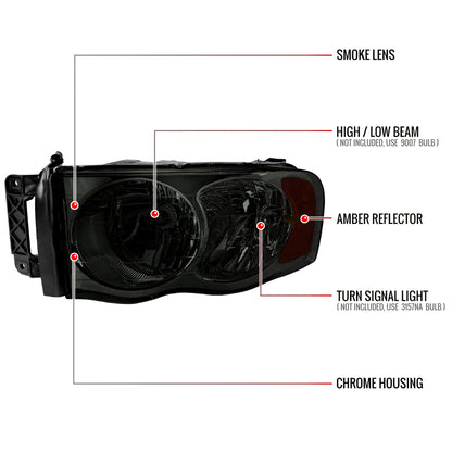 2002-2005 Dodge RAM 1500/ 2003-2005 RAM 2500 3500 Factory Style Headlights (Chrome Housing/Smoked Lens)