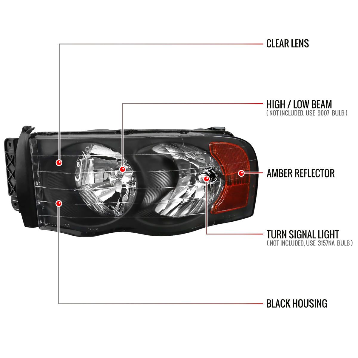 2002-2005 Dodge RAM 1500/ 2003-2005 RAM 2500 3500 Factory Style Headlights (Matte Black Housing/Clear Lens)