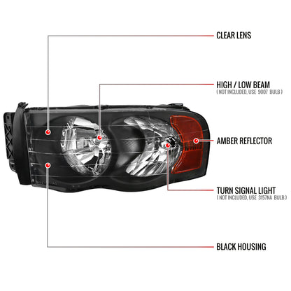 2002-2005 Dodge RAM 1500/ 2003-2005 RAM 2500 3500 Factory Style Headlights (Matte Black Housing/Clear Lens)