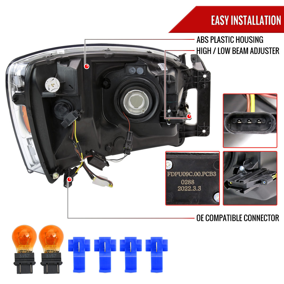 2006-2008 Dodge Ram 1500/ 2006-2009 Ram 2500 3500 LED Tube Factory Style Headlights with Amber Reflector (Chrome Housing/Clear Lens)