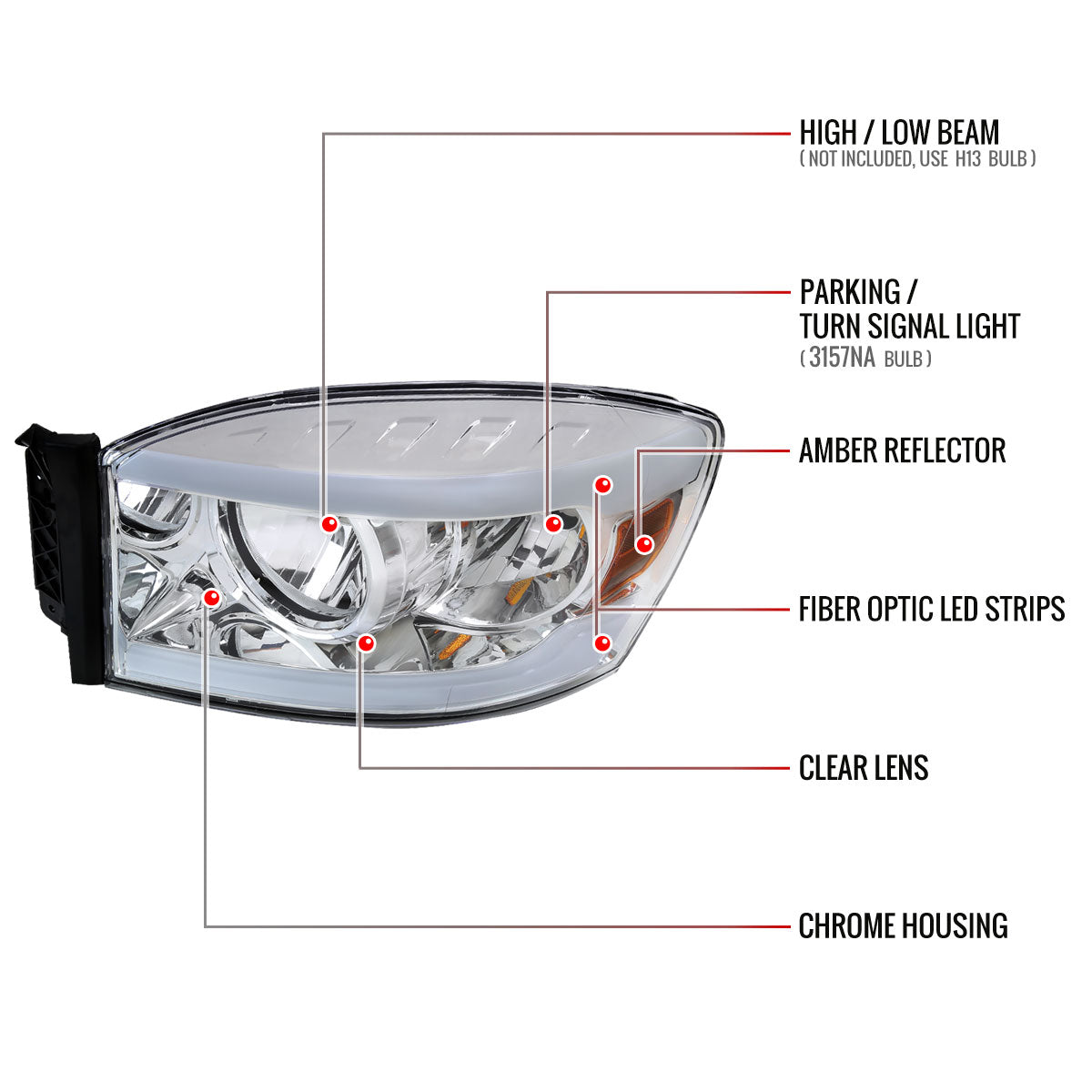 2006-2008 Dodge Ram 1500/ 2006-2009 Ram 2500 3500 LED Tube Factory Style Headlights with Amber Reflector (Chrome Housing/Clear Lens)