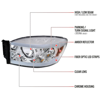 2006-2008 Dodge Ram 1500/ 2006-2009 Ram 2500 3500 LED Tube Factory Style Headlights with Amber Reflector (Chrome Housing/Clear Lens)