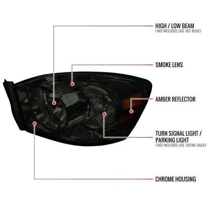 2006-2008 Dodge RAM 1500/ 2006-2009 RAM 2500 3500 Factory Style Crystal Headlights (Chrome Housing/Smoked Lens)