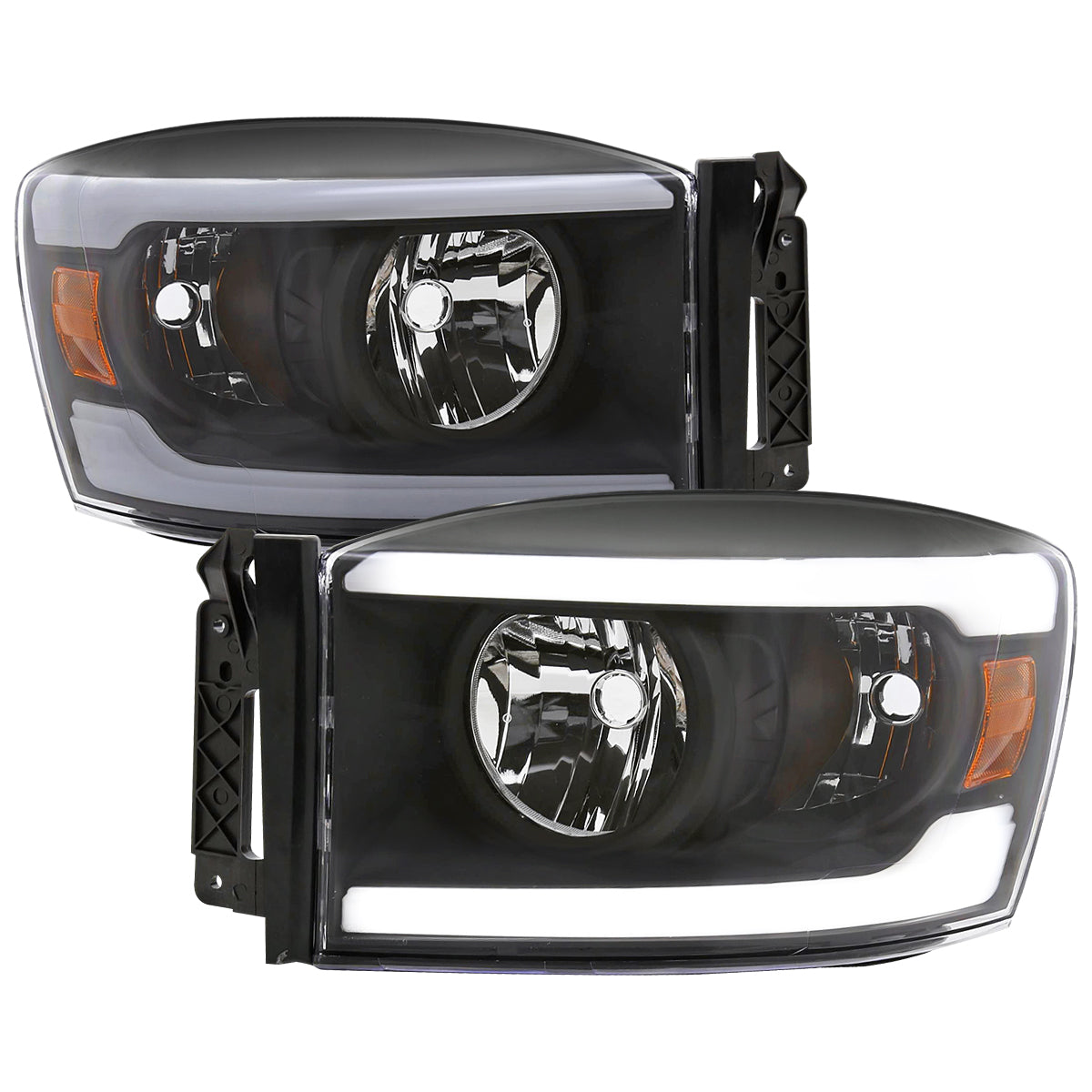 2006-2008 Dodge Ram 1500/ 2006-2009 Ram 2500 3500 LED Tube Factory Style Headlights with Amber Reflector (Matte Black Housing/Clear Lens)