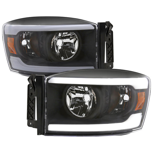 2006-2008 Dodge Ram 1500/ 2006-2009 Ram 2500 3500 LED Tube Factory Style Headlights with Amber Reflector (Matte Black Housing/Clear Lens)