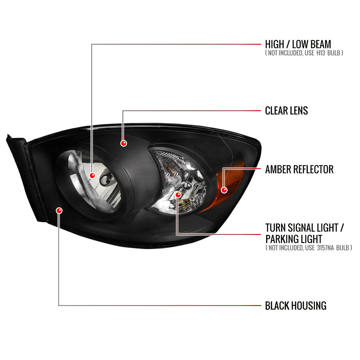 2006-2008 Dodge RAM 1500/ 2006-2009 RAM 2500 3500 Factory Style Crystal Headlights (Matte Black Housing/Clear Lens)